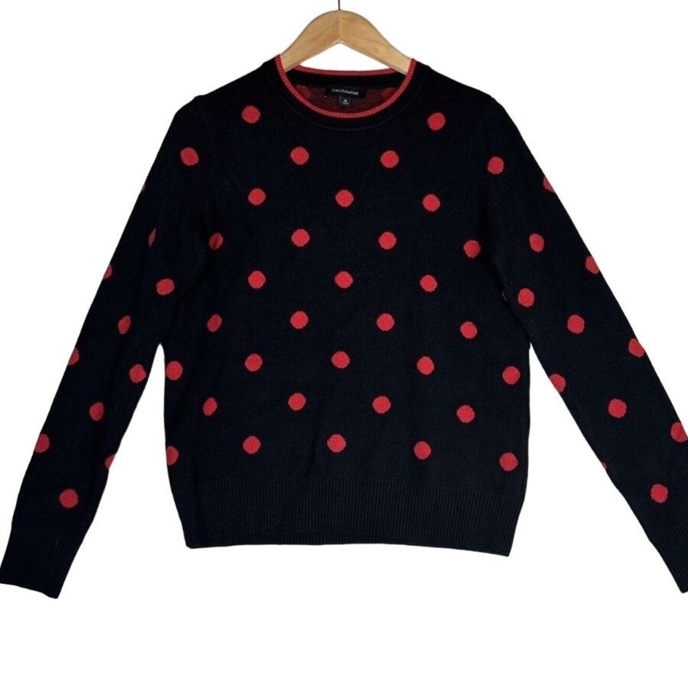 Calligraphie Womens Sweater‎ Sz M Black Polka Dot Viscose Preppy Antrhropologie